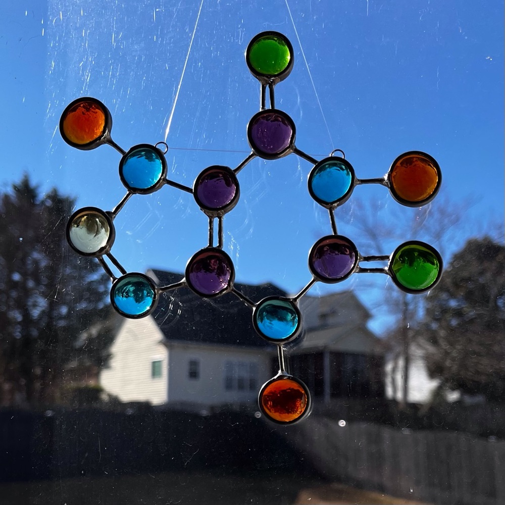 Handcrafted, handmade Colored Glass Gems Caffeine Molecule